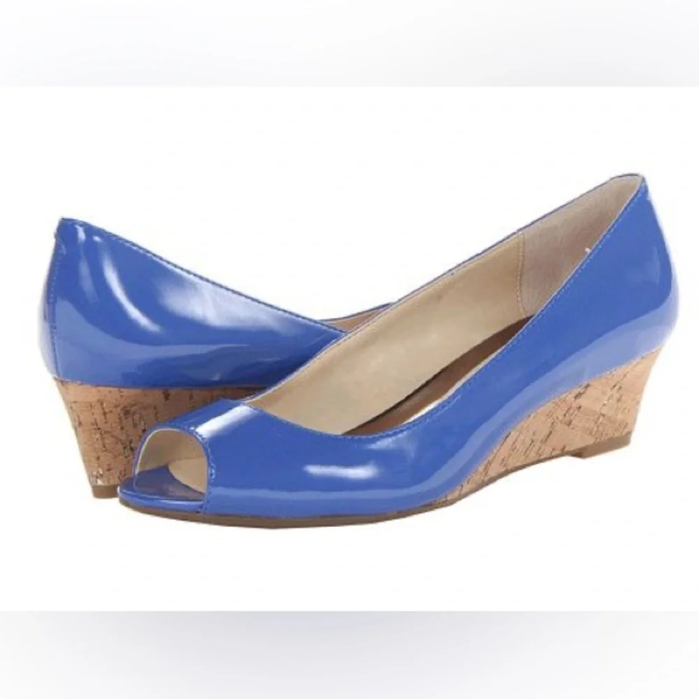 Cole Haan Nike Air Blue Patent Leather Peep‎ Toe Cork Wedges Sz 6B A34